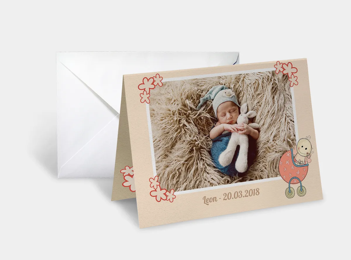 Klappkarte quer auf Strukturpapier mit Babyfoto