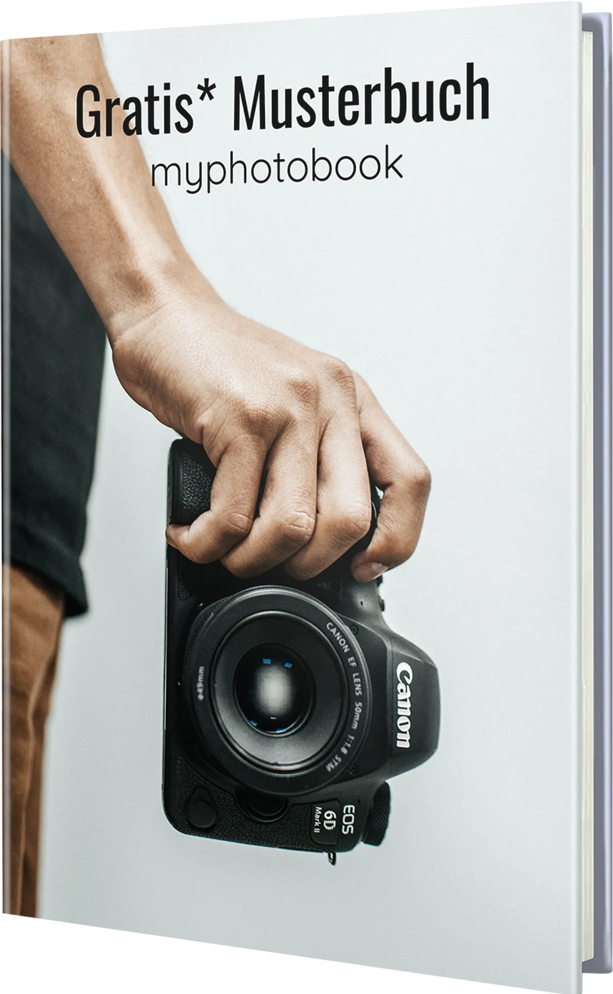 Gratis Musterfotobuch von myphotobook mit Foto eines Mannes auf dem Cover, der eine Kamera hält